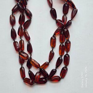 VINTAGE JUICY AMBER LUCITE TRIPLE STRAND NECKLACE SIGNED